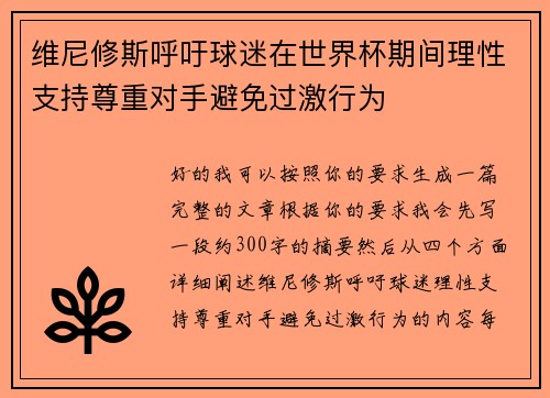 维尼修斯呼吁球迷在世界杯期间理性支持尊重对手避免过激行为