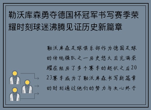 勒沃库森勇夺德国杯冠军书写赛季荣耀时刻球迷沸腾见证历史新篇章